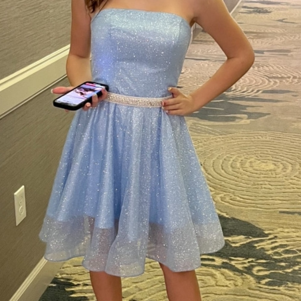 Jovani Sparkling Light Blue Strapless A-Line Mini Dress with Rhinestone Waist